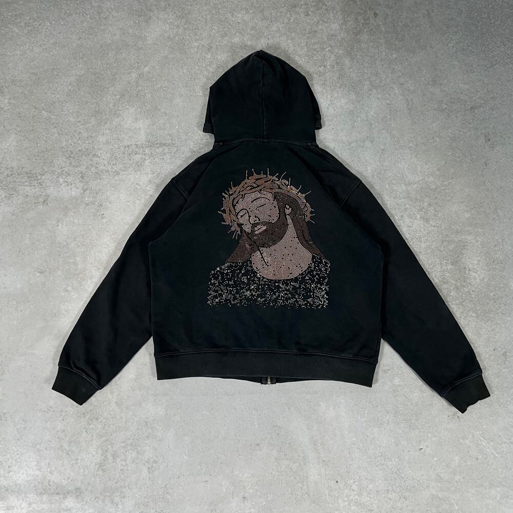 All Pesos No Besos Jesus Rhinestone Full Zip Hoodie Men's Black Size Medium